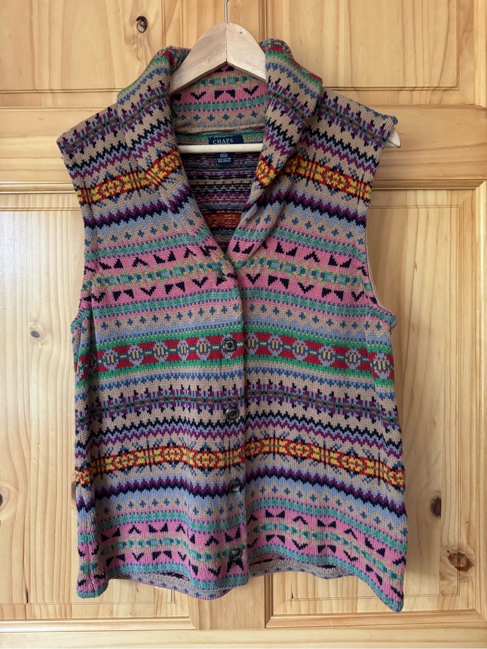 Vintage Chaps Multicolor Fair Isle Shawl Collar Knit Sweater Vest size XL
